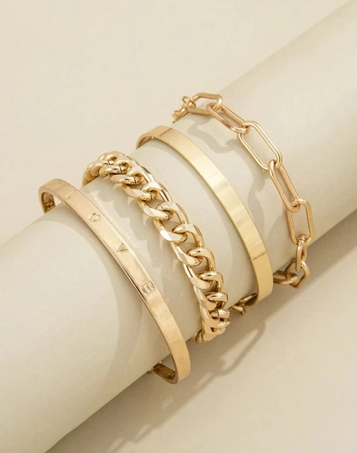 Lot De 4 Bracelets Femme Dorés Or Jaune - Chaînes Réglables - Neuf Sans Emballage