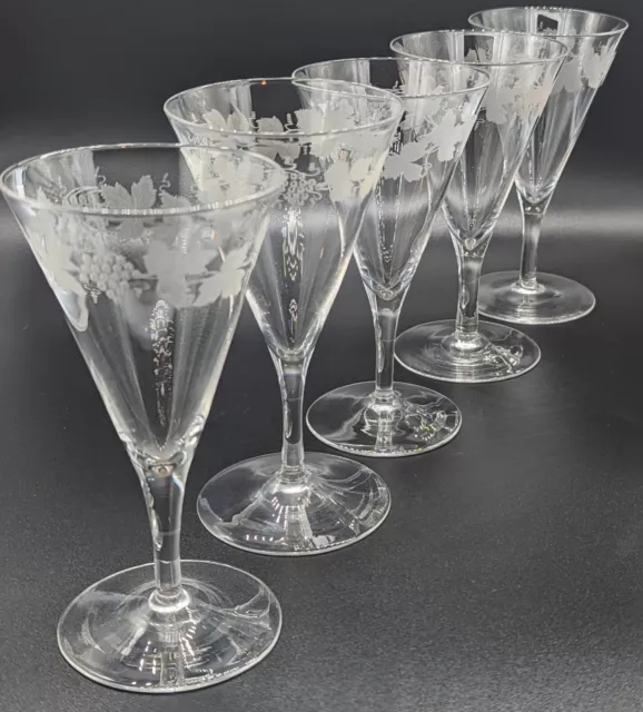 5 Beautiful Early Victorian Small Wine Glasses With Vine Engraved Funnel Bowls.