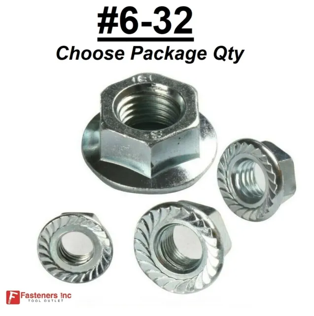 #6-32 Hex Serrated Flange Nut Case Hardened Zinc Plated (Choose Size & QTY)