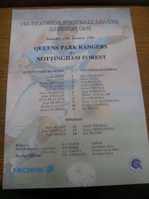 24/01/1998 Colour Teamsheet: Queens Park Rangers v Nottingham Forest (folded)