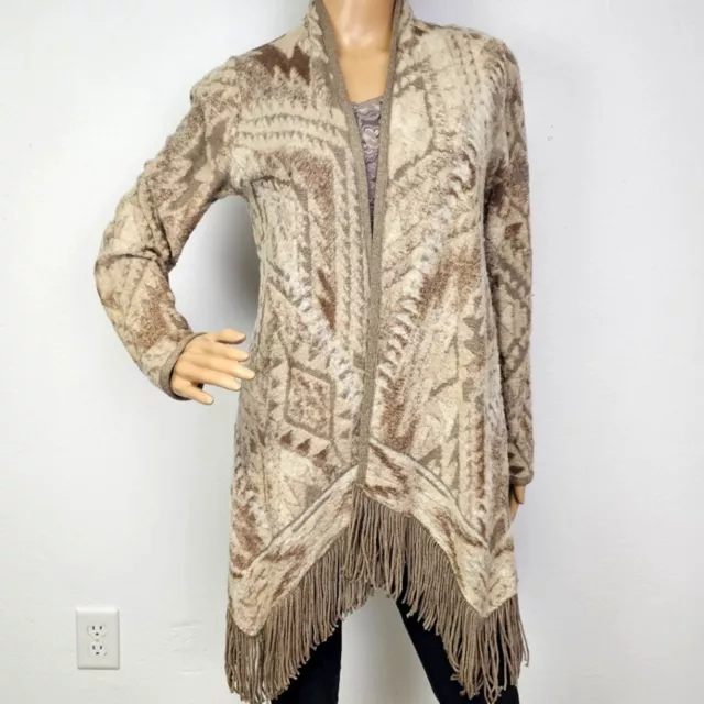 Lucky Brand Aztec Brown & Tan Fringed Sweater Cardigan Duster. Oversized XS.