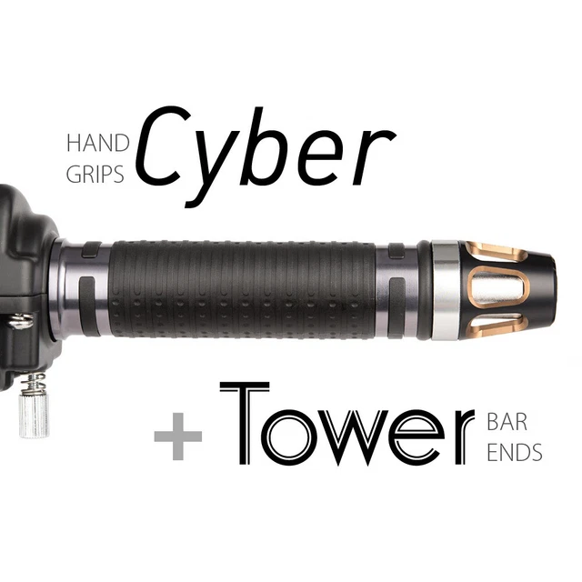 KiWAV Motorcycle Cyber Grips Dark Gray with Tower Bar Ends Titanium Gold/Silver
