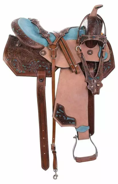 Stunning New Western Turquoise-Brown Saddle For Barrel Racing Trail Horse