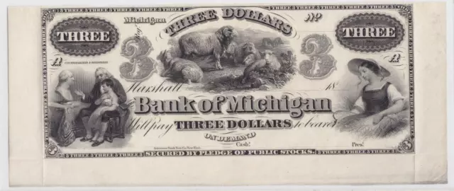 1800s Bank of Michigan in Marshall, MI $3 Obsolete Note