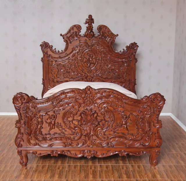 French Cherub Bed Frame Solid Mahogany Intricately Carved Waxed Finish B096C