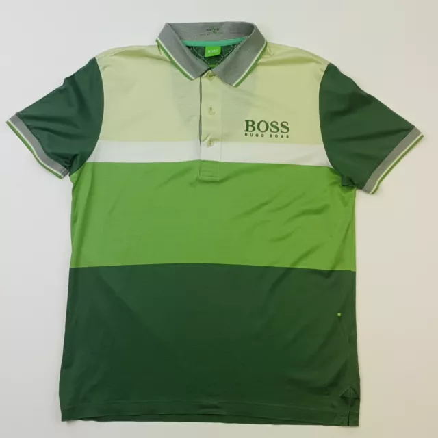 HUGO BOSS Polo Shirt Medium Men Green Stripe Short Sleeve Summer VERY GOOD