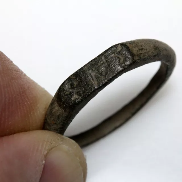 Ancient Or Medieval Bronze Ring With Three Monograms-Intact