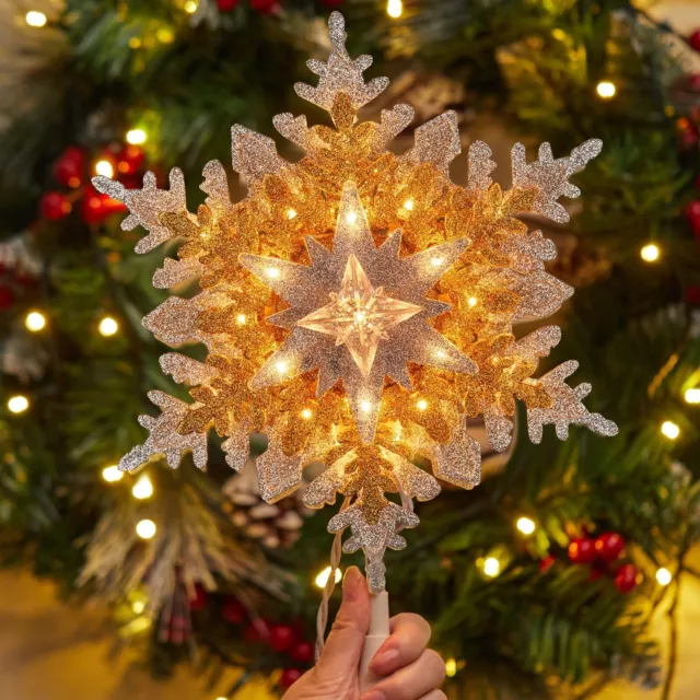 Gold Silver Snowflake Christmas Tree Topper Clear Lights 13"