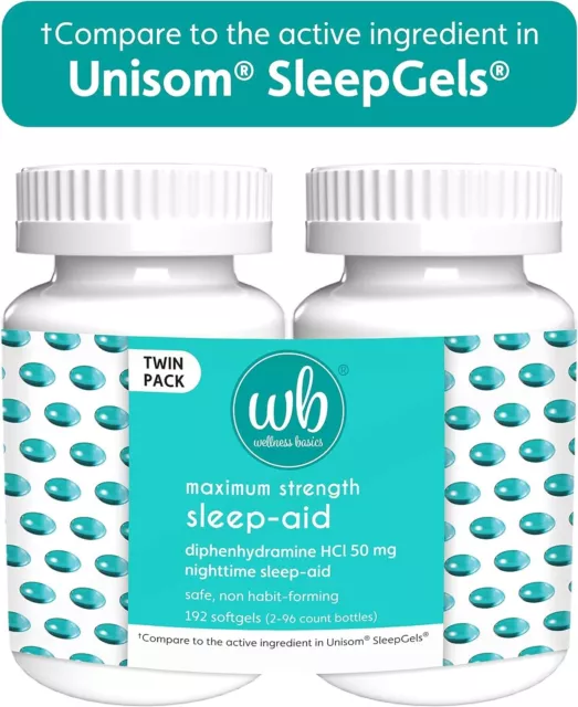 NEW Wellness Basics Sleep AID 50mg 192 Softgels Maximum Strength FAST POST