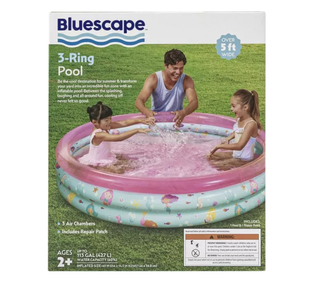 “NEW” BLUESCAPE  3 RING POOL Inflatable Baby Kiddie Pool - 5ft Wide