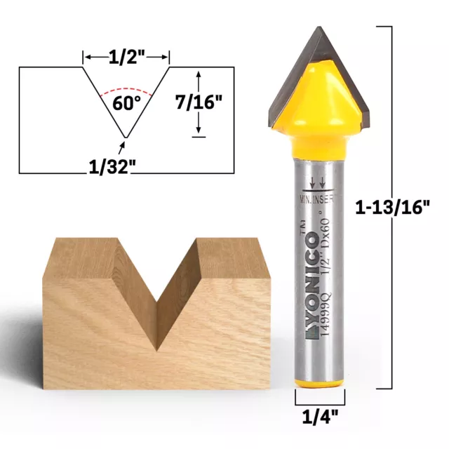 60 Degree X 1/2" Diameter V Groove Router Bit - 1/4" Shank - Yonico 14999q