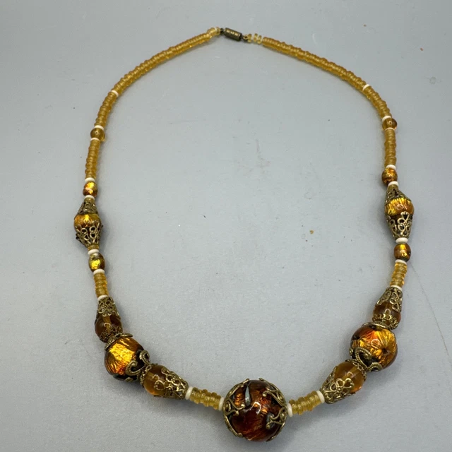 Super Collier Multi-rangs En Perles De Murano Ancien - Bleu, Métal Doré, Occasion