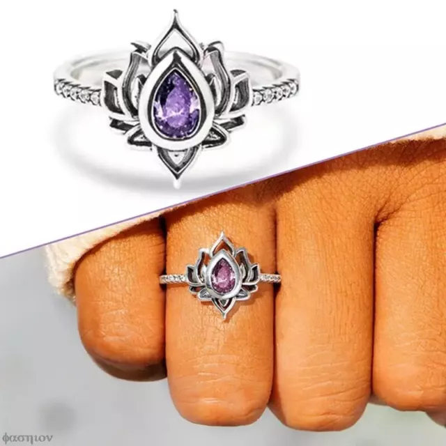 [97k-toprated] Exquisite Vintage Lotus Boho Crystal Water Drop Flower Ring for