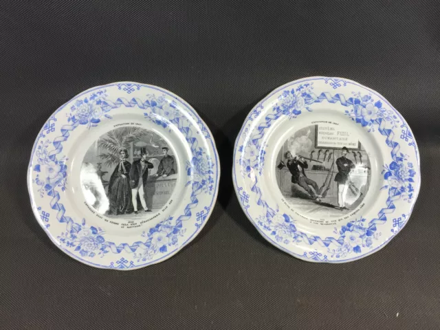 Lot 2 anciennes assiettes parlantes céramique Creil et Montereau exposition 1867