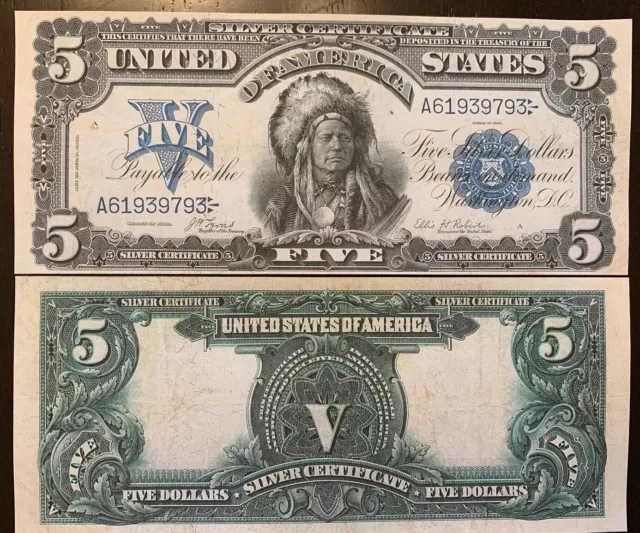 Reproduction 1899 USA $5 Bill Silver Certificate Indian Chief Copy See Below