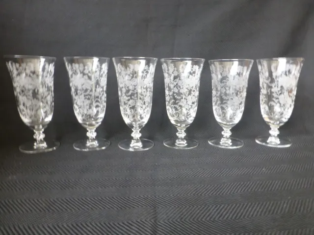 Six Tiffin Etched Rose Pattern Iced Tea Glasses