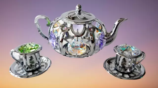 Crystocraft Crystal Tea Pot and Tea Cup Set Ornament Swarovski Elements Boxed 3