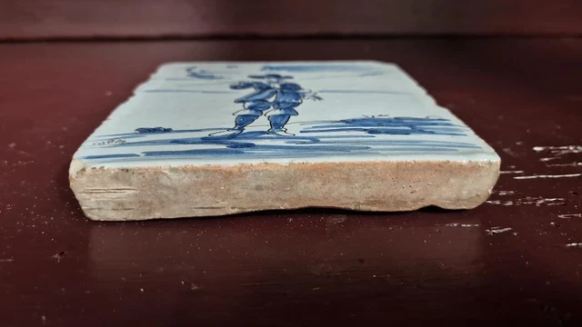 Rare Antique Dutch Delft Tile , 17 Th Century Painted Blue Cobalt, "Musketeer" ? 3