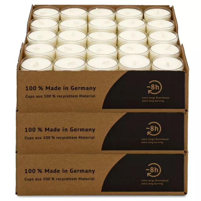 50 - 500 Teelichter 8 Std. transparenter Becher Gastro Deko Nightlights Kerzen