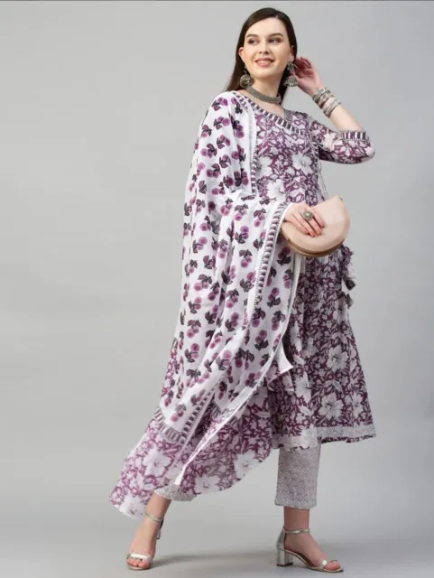 Women Salwar Kameez Indian Handmade Cotton Kurti Palazzo Printed Dupatta Dress