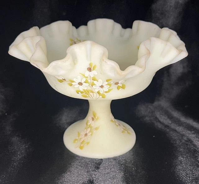 Fenton Custard Glass Uranium Ruffled Vintage Compote Dish Signed D.K. Johnson