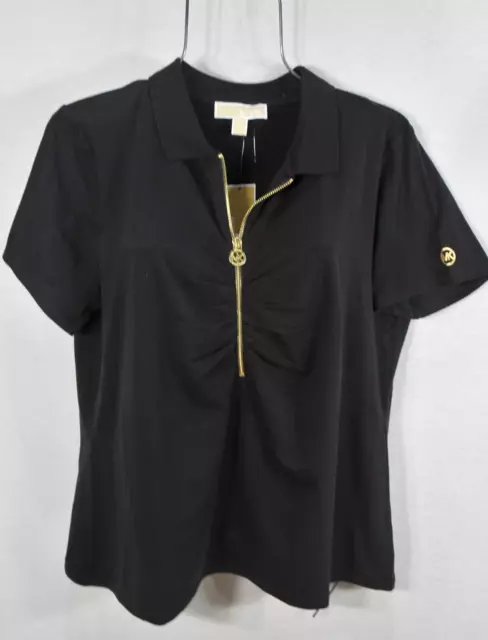 NEW Michael Kors Women's XL Ruched Half Zip Polo T- Shirt Top Blouse Black NWT 3