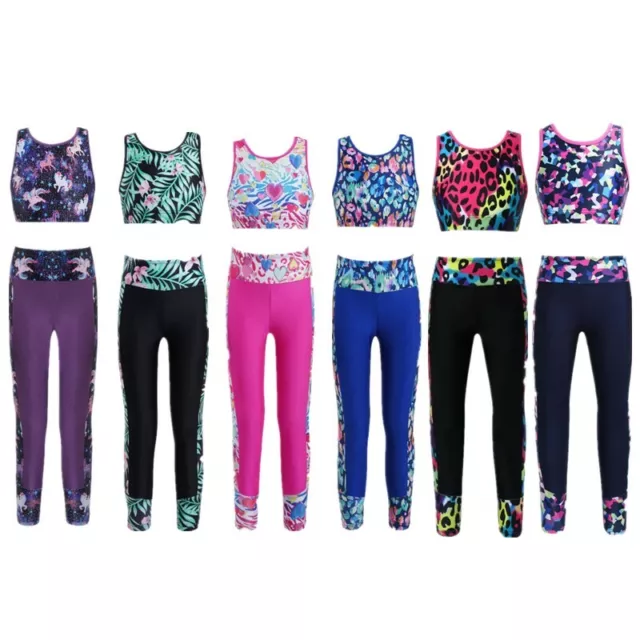 Kid Girls 2Pcs Sleeveless Tank Crop Tops with Leggings Set Gymnastics Sportswear