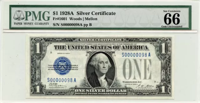 1928A $1 Silver Certificate Fr# 1601 PMG Gem66 EPQ 2 Digit