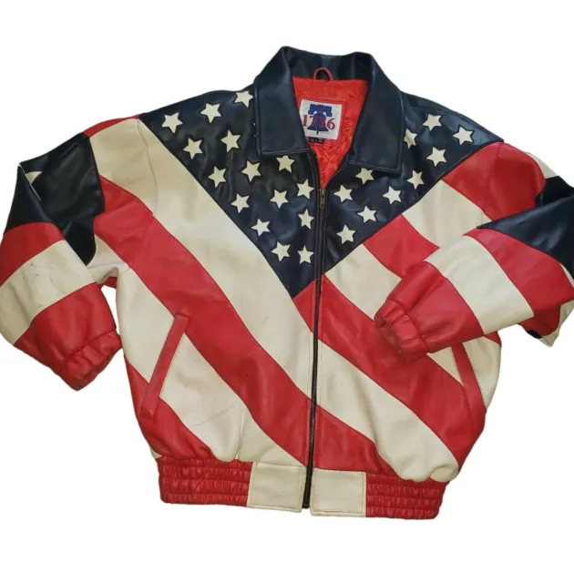 Stars And Stripes Comint 1776 Faux Leather Bomber Jacket Mens Size Large USA