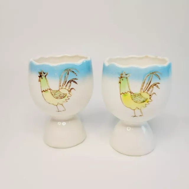 Large Rooster Egg Cups (2), Made in Japan, w/ Blue/Green/Yellow Chicken Design