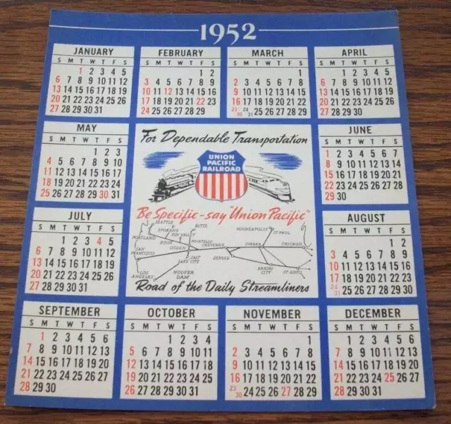 Vintage 1952 Union Pacific Railroad Calendar Paper Card Trains