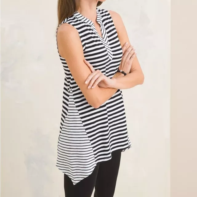 Chico's Cotton Blend Slub Stripe Sharkbite Hem Tunic Tank Top Black White Size 1