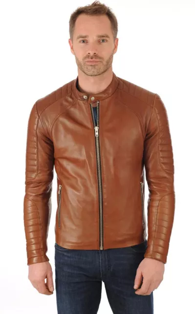 Hommes Veste Cuir Slim Fit Moto Motard Véritable Peau D'Agneau Veste -SK40