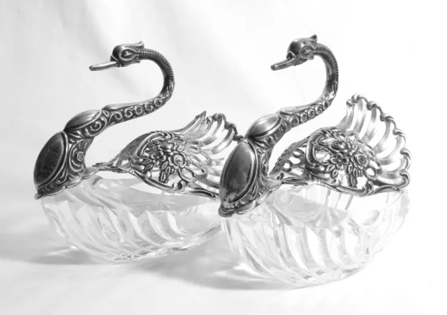 2 Vintage LARGE Sterling Silver & Crystal Swan Master Salt Cellar / Caviar Bowl