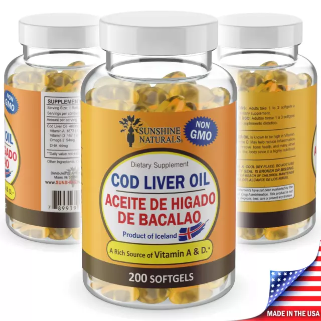 Sunshine Naturals Cod Fish Liver Oil 200 Softgels Made in the USA