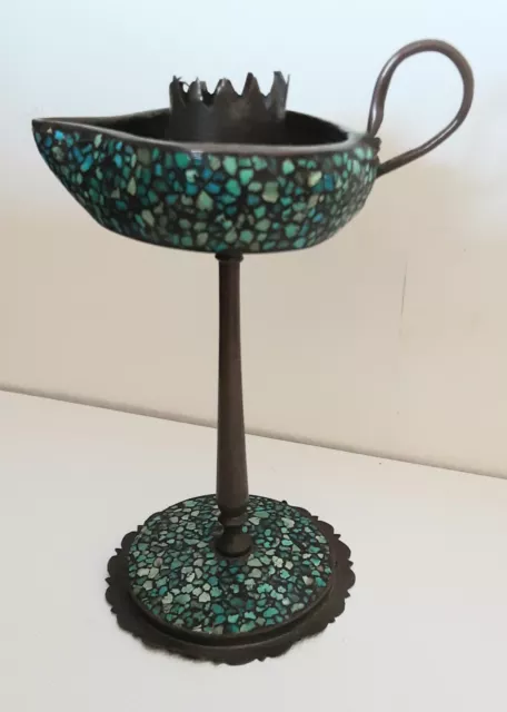 BOUGEOIR ANCIEN EMAUX - Mosaïque ? BRONZE ORIENT PERSE XVIIIème XIXème  "Aladin"