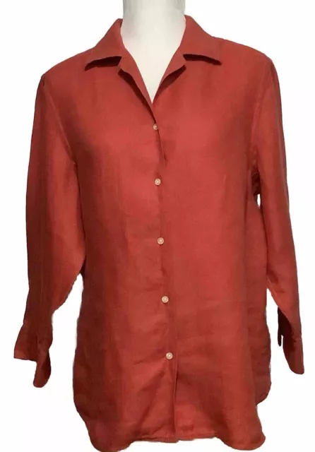 Lauren Ralph Lauren Linen Shirt Sz Large 3/4 Sleeve Button Front Open Cuff  Red