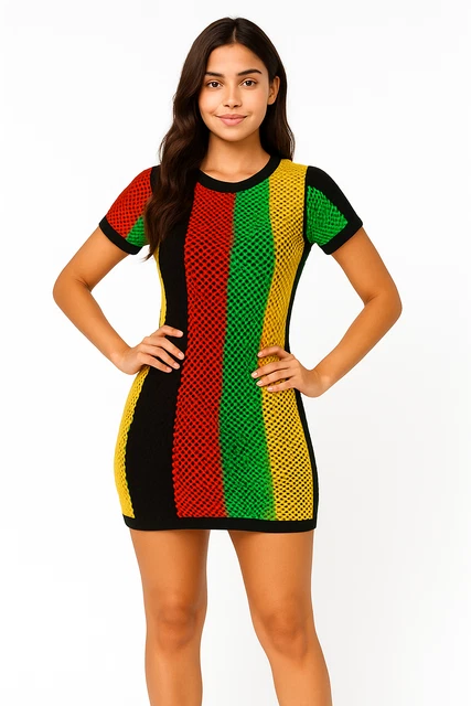 Rasta Multicolor Side Slit Fishnet Mesh Midi Dress