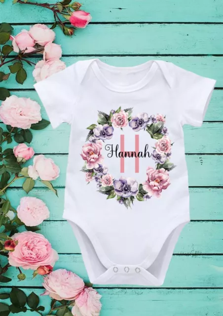 Personalised Name Floral Letter  Wreath Cute Baby Boy Vest Baby Shower Gift 222