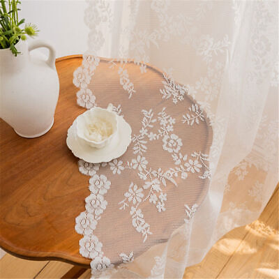 White Lace Curtain Floral Embroidered Edge Net Tulle Sheer Curtain 2 Panels