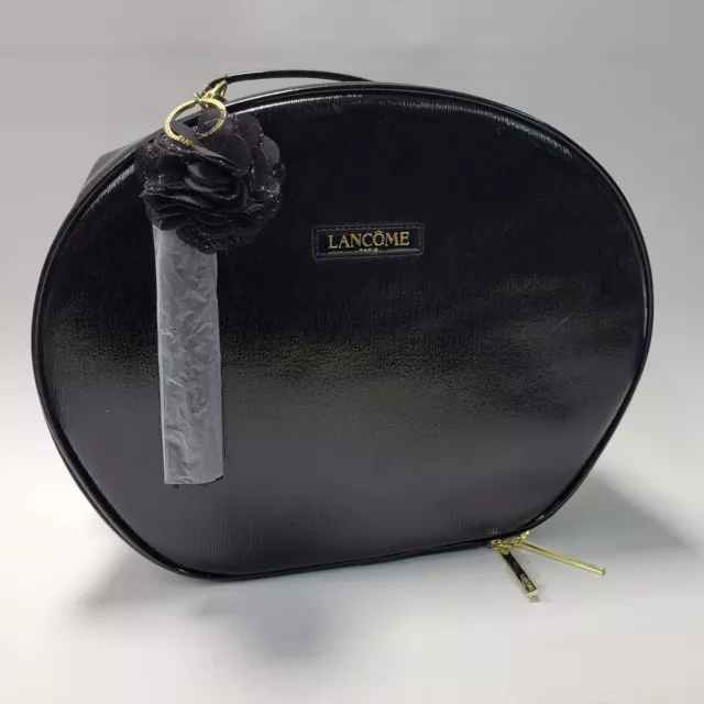LANCOME Makeup Bag Cosmetic Box Train Case Large Round Black Travel Tote - NEW