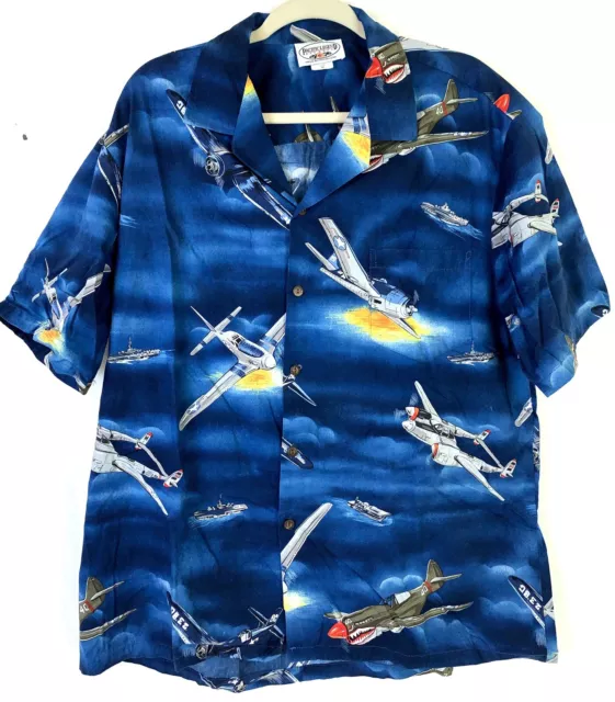 Pacific Legend Hawaiian Shirt Mens XL WWII Fighter Flying Tiger Battle Ship USA
