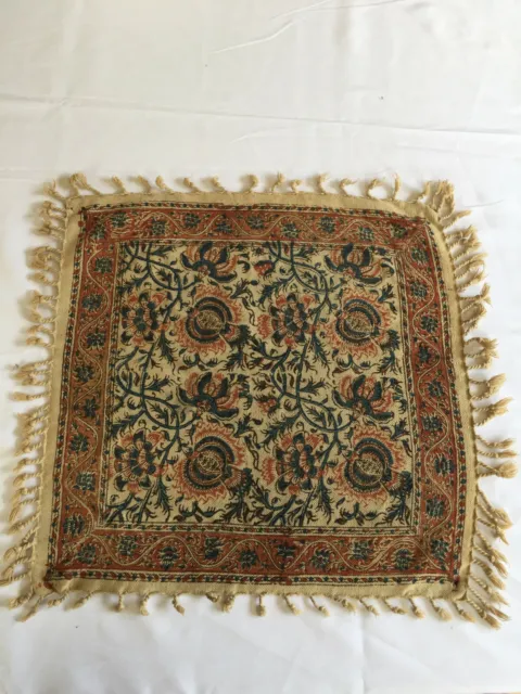 Vintage Persian Style Jacquard linen Square Center Piece w/ tassels 15.75"L