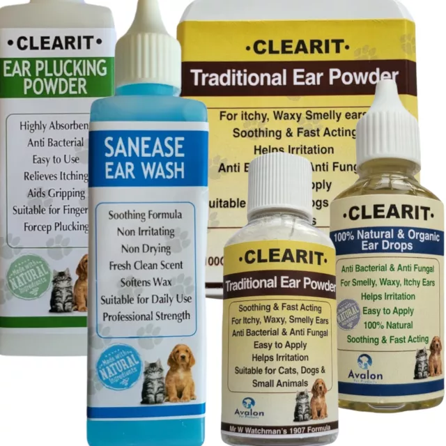 Clearit Pet Ear Care Range Mites Itching Wax Gunk Odour Headshaking Fast Acting