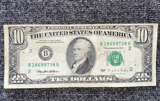 1995 (B) $10 Ten Dollar Bill Federal Reserve Note New York Vintage Off Center