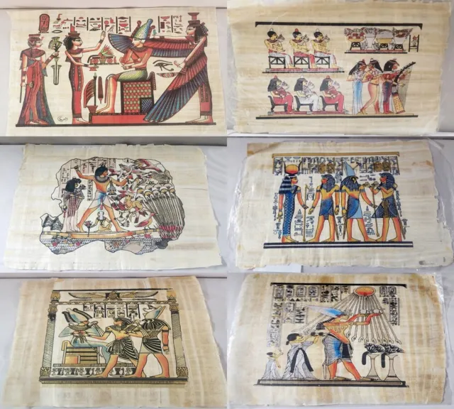 Collection Set of 6 Signed Egyptian Papyrus Art Paintings