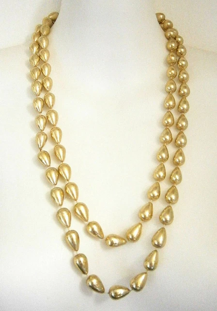 vintage costume jewellery long shiny gold plastic bead necklace #1017A