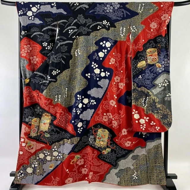 Woman Japanese Kimono Furisode Silk Kaioke Flower Embroidery Shibori Red
