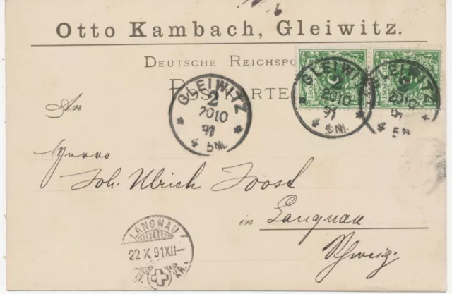 DEUTSCHES REICH 1891 5 Pf Krone MeF auf Kab.-Postkarte von GLEIWITZ 2 (jetzt GLI