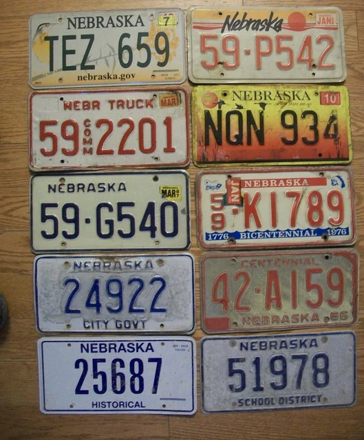 LOT of 10 NEBRASKA LICENSE PLATES - 1966 - 2017 - 10 different types